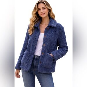 J. Crew Sherpa Fleece Jacket XS Blue Button Front Cozy Teddy Coat